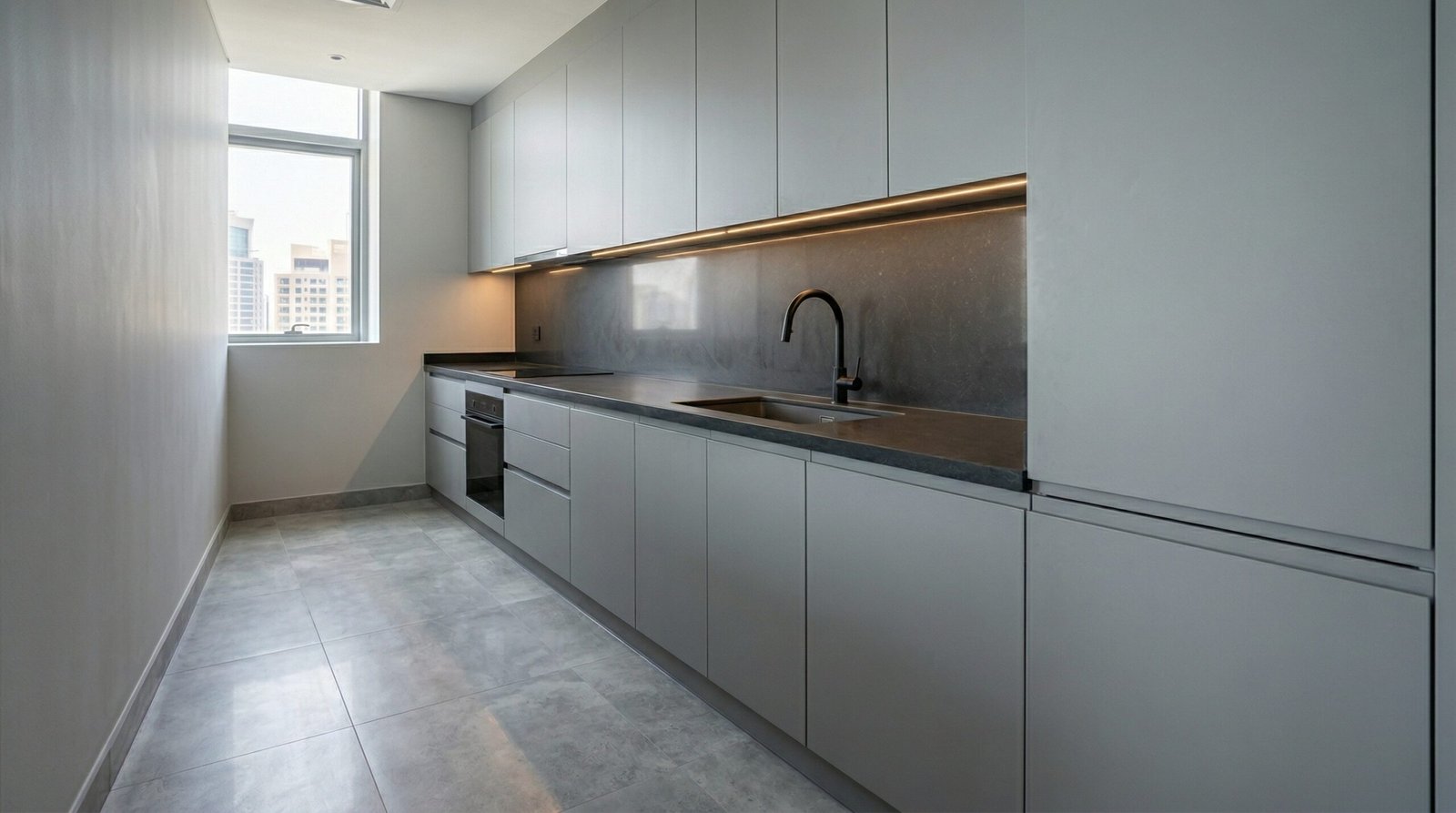 Straight galley kitchen cabinets in stone grey with integrated handles and dark engineered stone countertop in UAE apartment