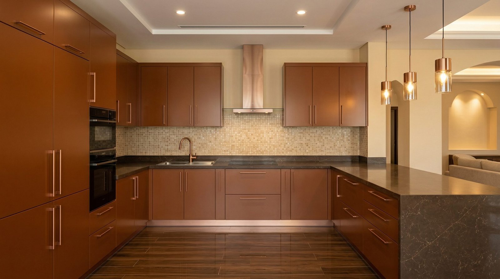 U-shaped cognac brown satin kitchen cabinets with copper handles and dark quartz countertop in UAE villa