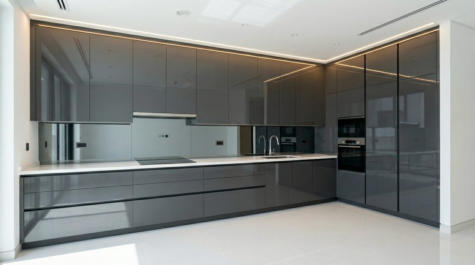 High-gloss anthracite grey kitchen cabinets with LED cornice and white quartz countertop in UAE home