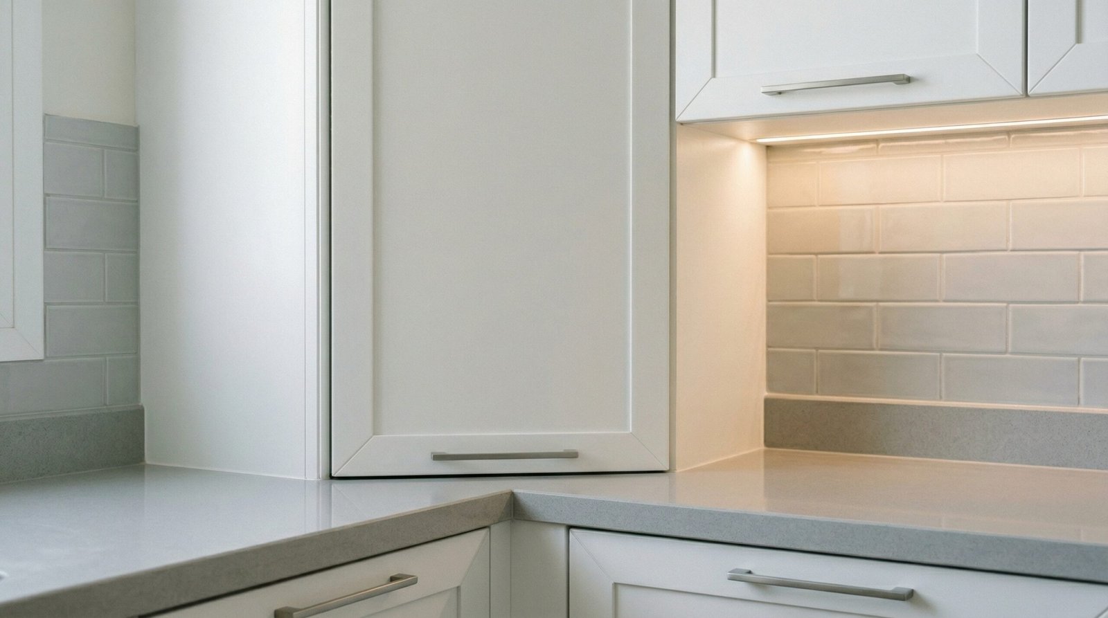 Precision corner kitchen cabinet junction with mitered edge and LED under-cabinet lighting in UAE home installation