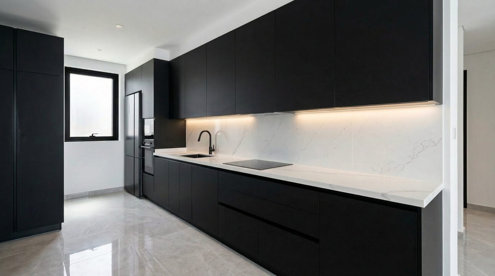 Matte black kitchen cabinets with steel-frame open shelving and white quartz countertop in UAE apartment kitchen