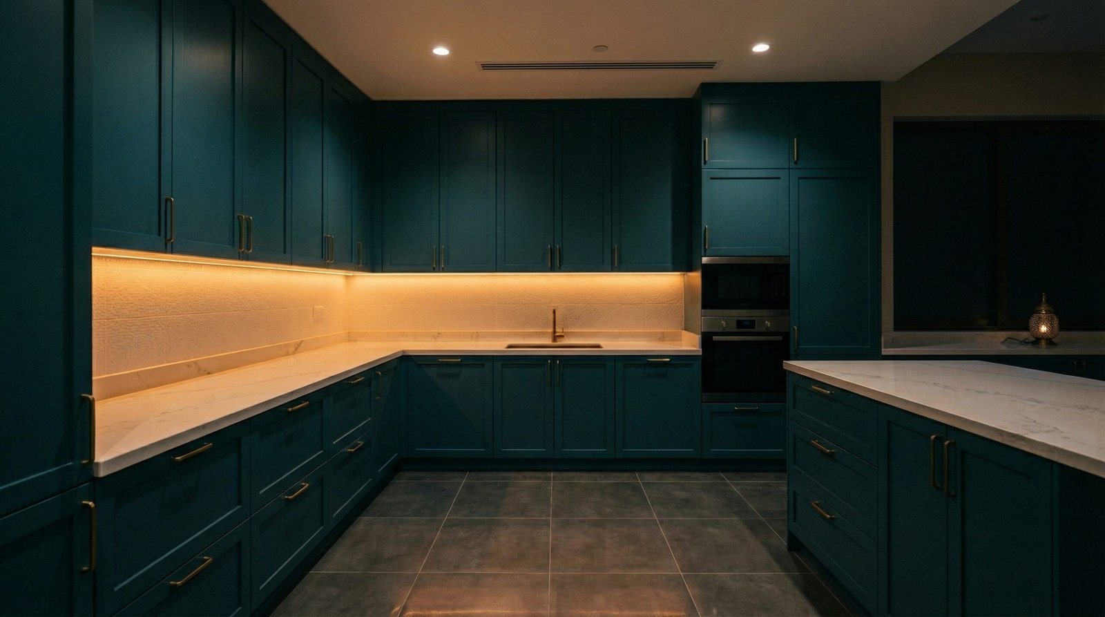 Deep teal kitchen cabinets with warm LED under-cabinet mood lighting in UAE villa evening interior