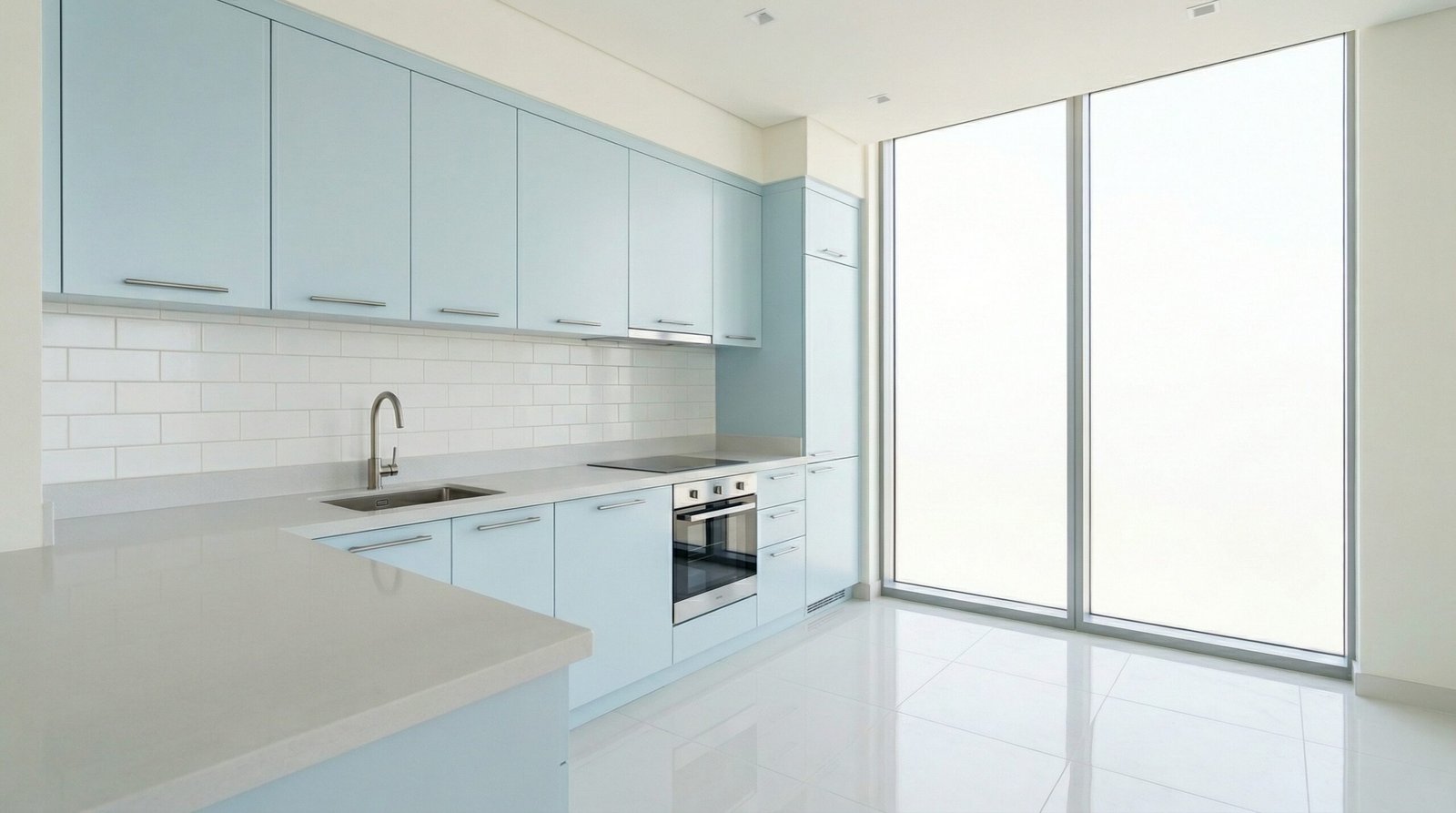 Freshly manufactured white lacquer kitchen cabinet doors with PVC edge banding in UAE carpentry workshop quality control
