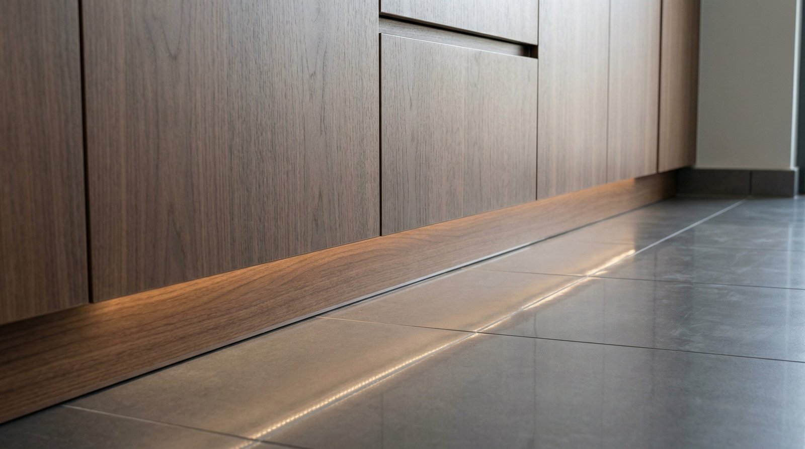Precision-fitted kitchen cabinet base plinth in walnut laminate with recessed toe-kick lighting in UAE home