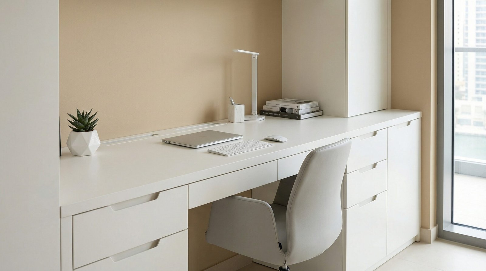 Minimalist White Built In Desk With Hidden Cable Management And Handleless Drawers In A Dubai Home.