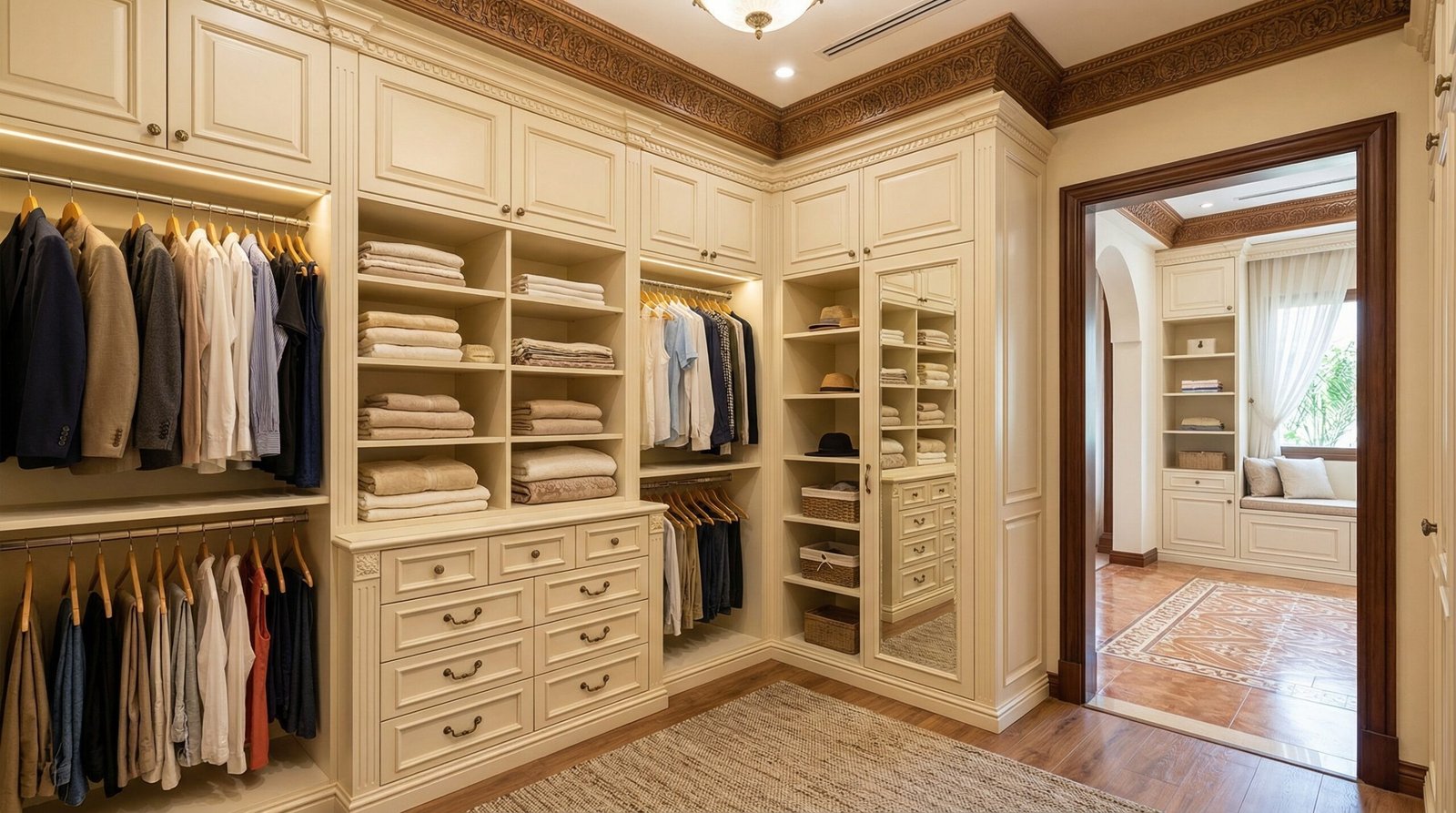 Walk-in closet in warm ivory lacquer with traditional Arabic cornice detail installed in Sharjah villa as part of Karnak Carpentry's seven-emirates UAE service