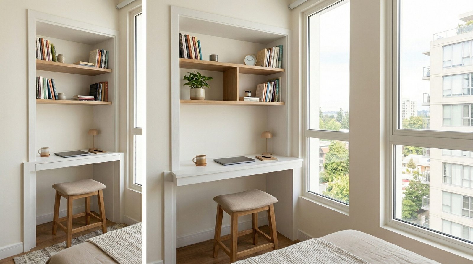 Custom Built Matte White Study Desk Fitted Perfectly Into A Wall Nook In A Sharjah Residence.