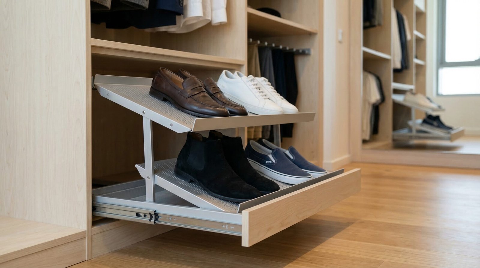 Pull-out angled shoe rack drawer on full-extension runners in custom wardrobe base cabinet installed in Dubai apartment by Karnak Carpentry UAE