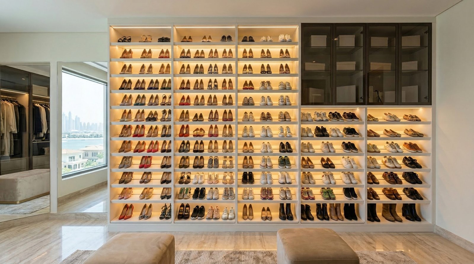 Built-in floor-to-ceiling angled shoe display wall with LED underlighting in Palm Jumeirah villa dressing room installed by Karnak Carpentry UAE