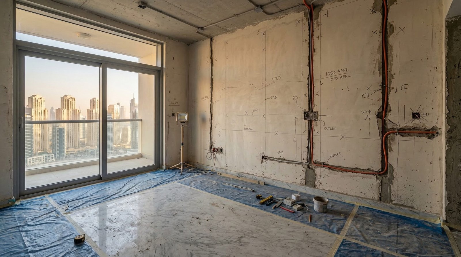 Site preparation for custom media wall installation with electrical conduit channels and wall marking at UAE apartment by Karnak Carpentry