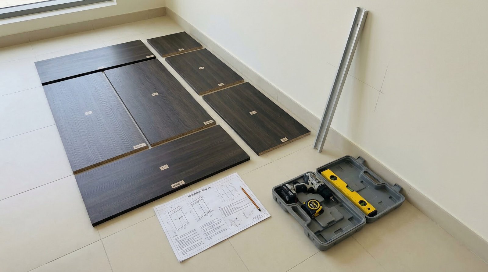 Wardrobe carcass panels laid in installation sequence with printed plan and tools ready during installation planning at UAE apartment by Karnak Carpentry
