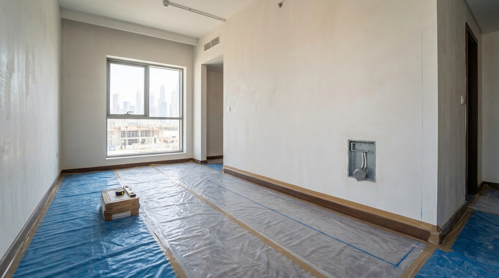 Master bedroom site preparation with plastered wall, floor protection and electrical back-box for wardrobe interior lighting by Karnak Carpentry UAE installation team