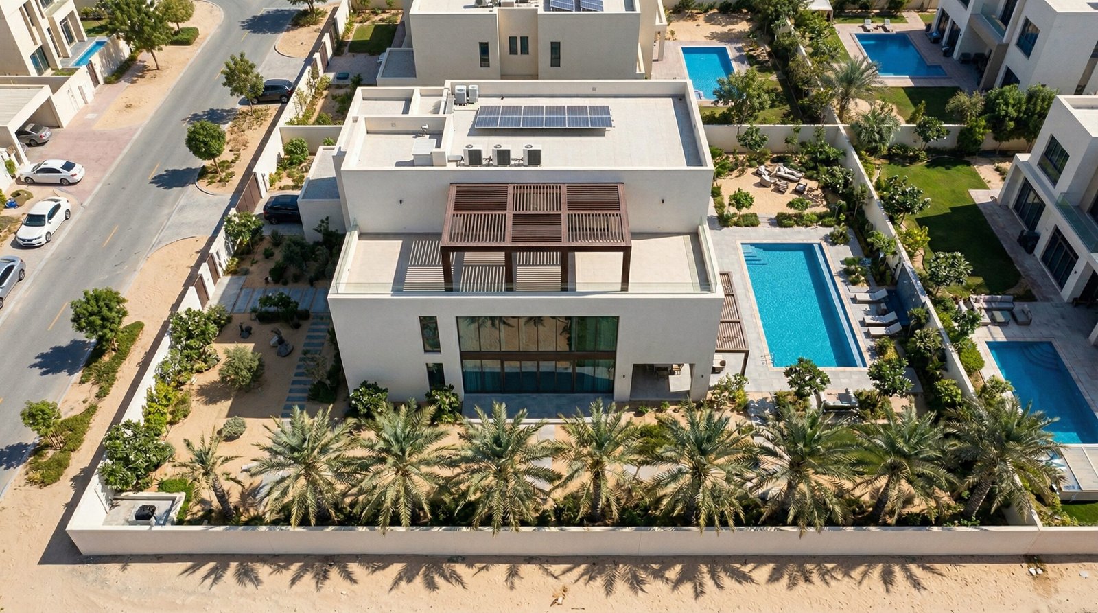 Aerial view of UAE villa showing pergola positioned for optimal western sun shading over living area glazing and garden
