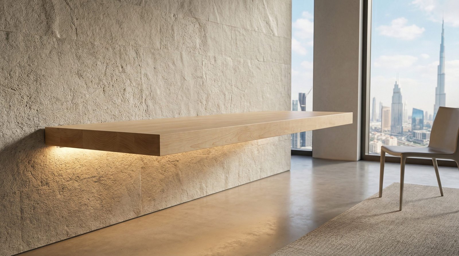 Minimalist Floating Solid Maple Wood Desk Mounted To A Textured Stone Wall In A Dubai Apartment.