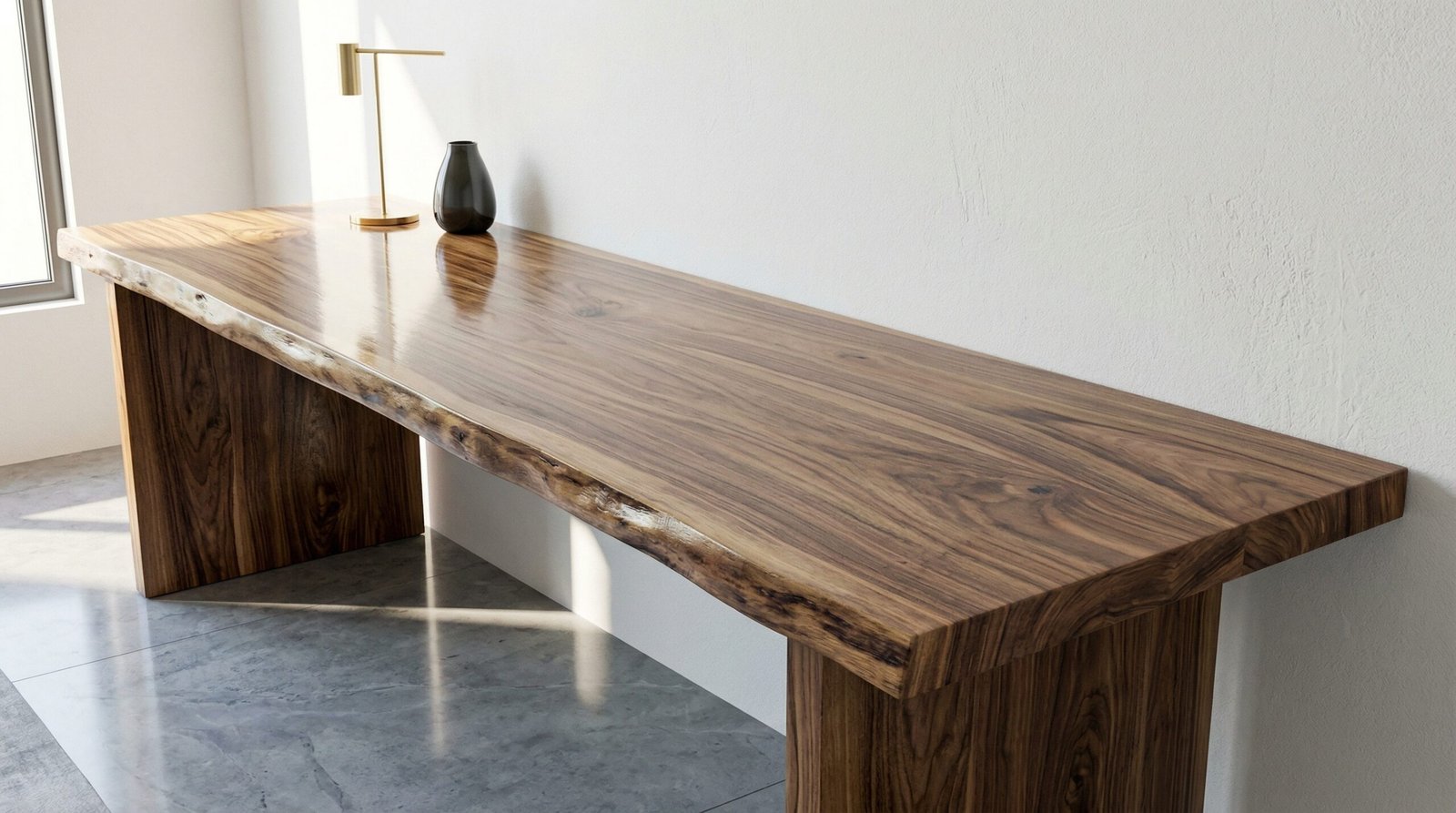Massive Solid Walnut Wood Desk With Natural Grain Details Built Into A Dubai Residence Wall.