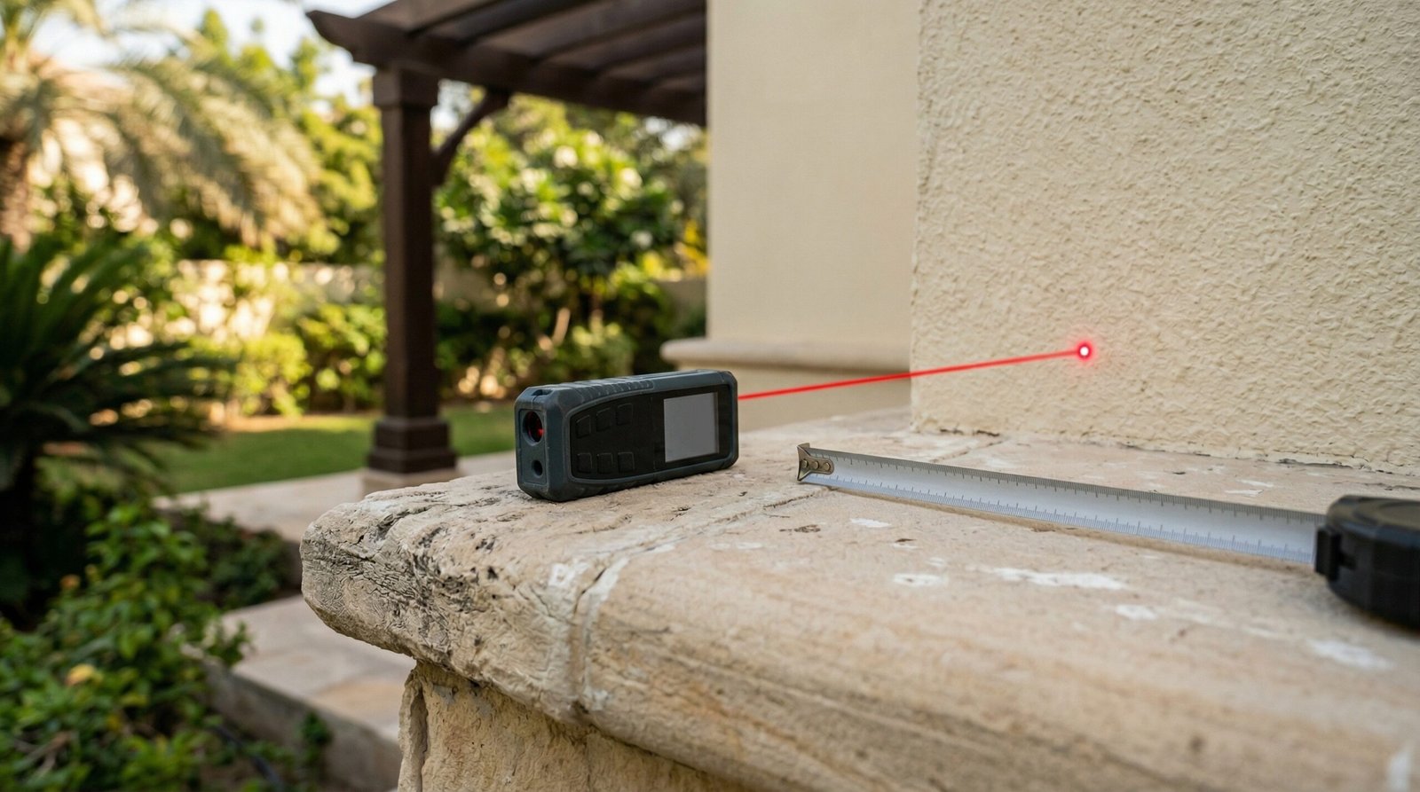 Laser measurement tool on UAE villa terrace edge during pergola site consultation and survey process