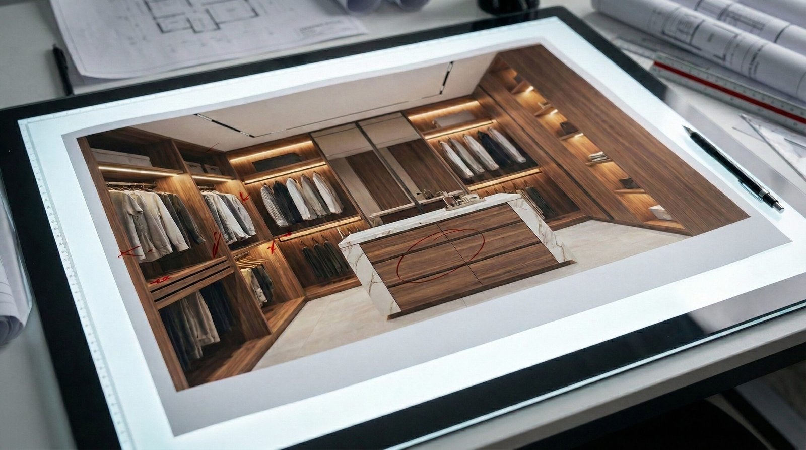 Printed A2 3D-rendered walk-in closet design with revision marks at design refinement and client approval stage at Karnak Carpentry Dubai studio
