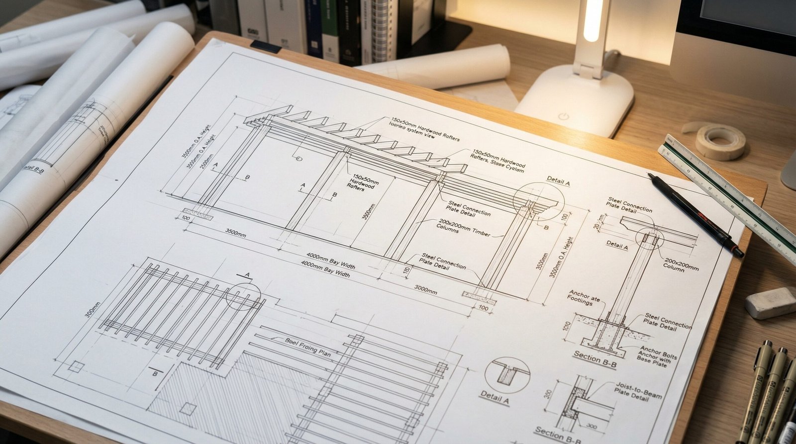 Detailed pergola architectural elevation and plan drawing on drafting board during Karnak design development stage in UAE