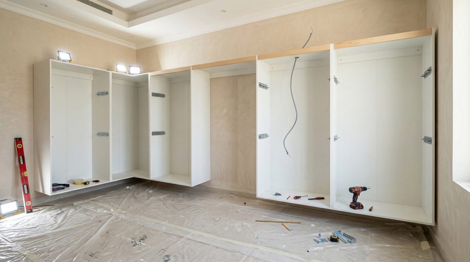 Walk-in closet carcass units wall-fixed and levelled with hanging rail brackets during professional installation at Abu Dhabi villa by Karnak Carpentry UAE