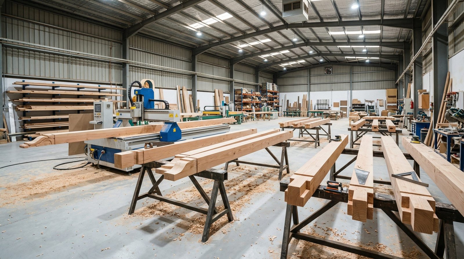 UAE carpentry workshop showing pergola timber beam components in fabrication on trestles with CNC machinery in background