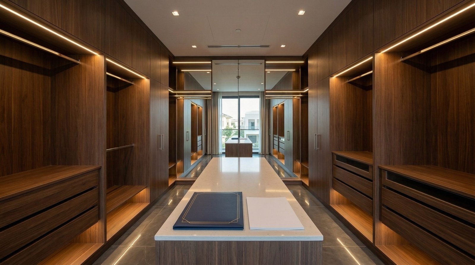 Completed walk-in closet at handover stage with Karnak warranty document on island top in Meydan villa Dubai UAE installed by Karnak Carpentry