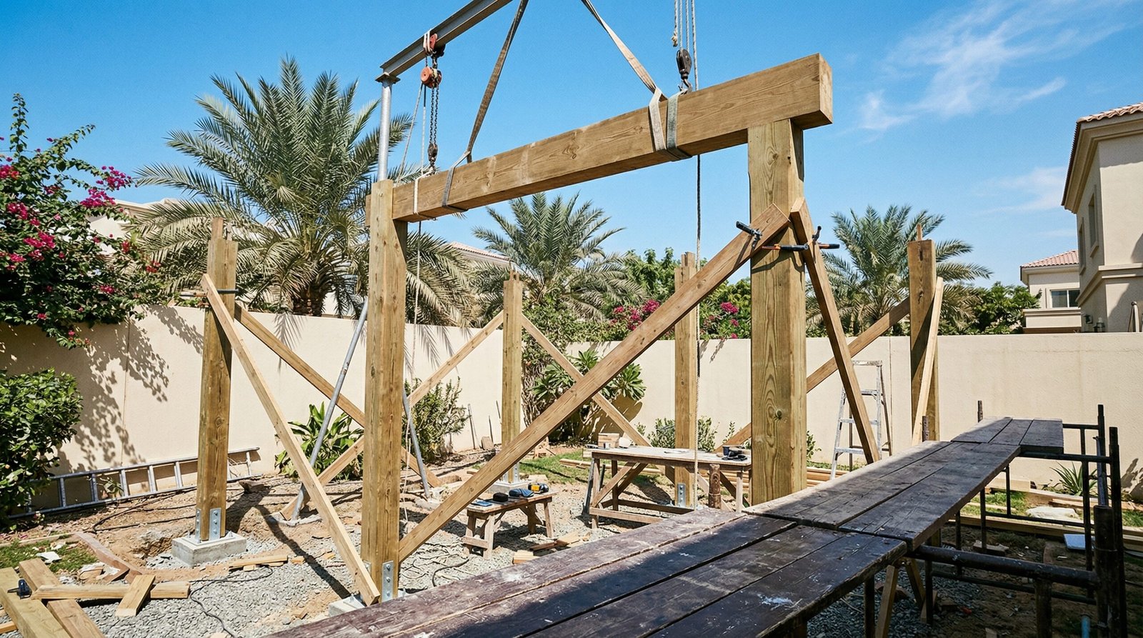 Pergola structure mid-installation at UAE villa garden showing columns set plumb with primary beams being positioned