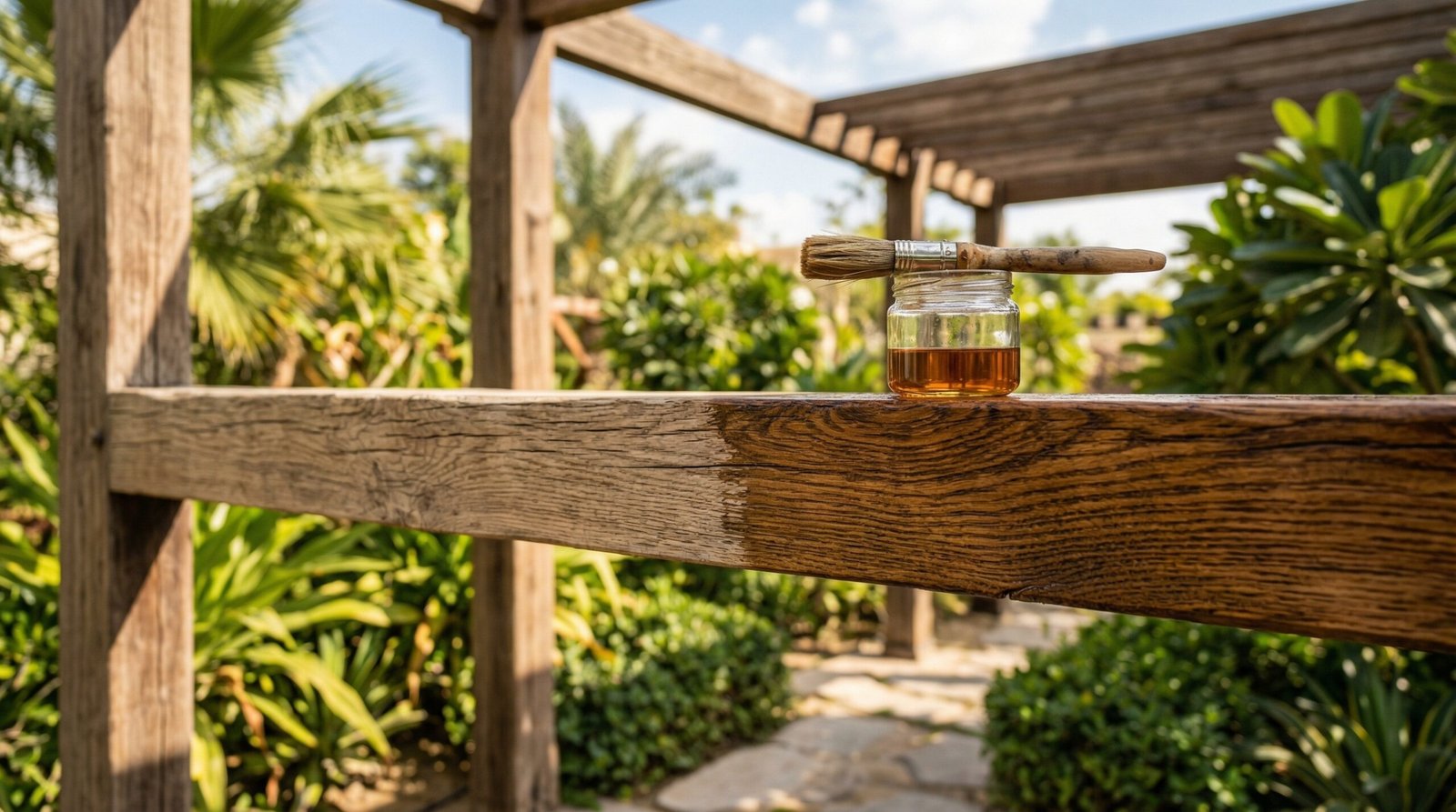 UV-protective timber oil maintenance treatment being applied to installed outdoor pergola beam in UAE garden setting