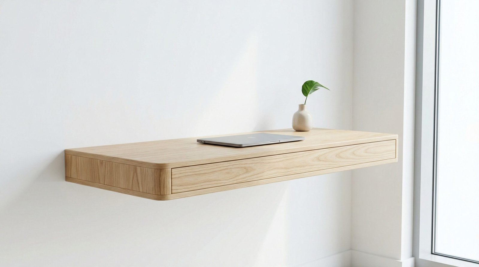 Streamlined Floating Plywood Desk With Premium Ash Veneer Installed In A Modern Dubai Apartment.