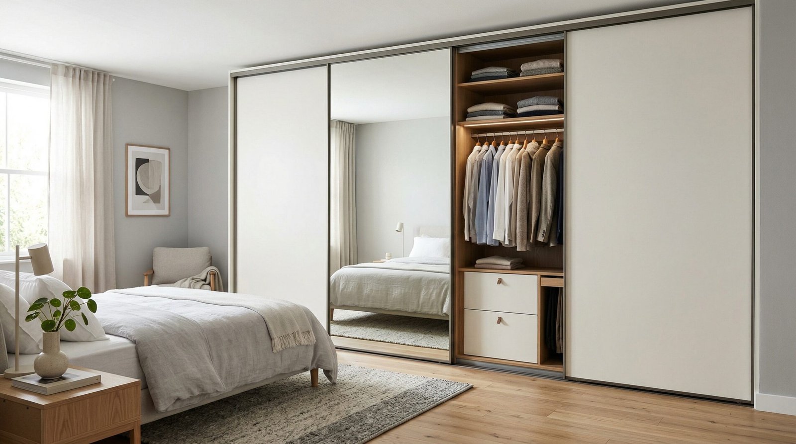 Top-hung sliding wardrobe track engineering with roller carriage, anti-jump guide and soft-deceleration buffer in Karnak Carpentry Dubai UAE installation detail.