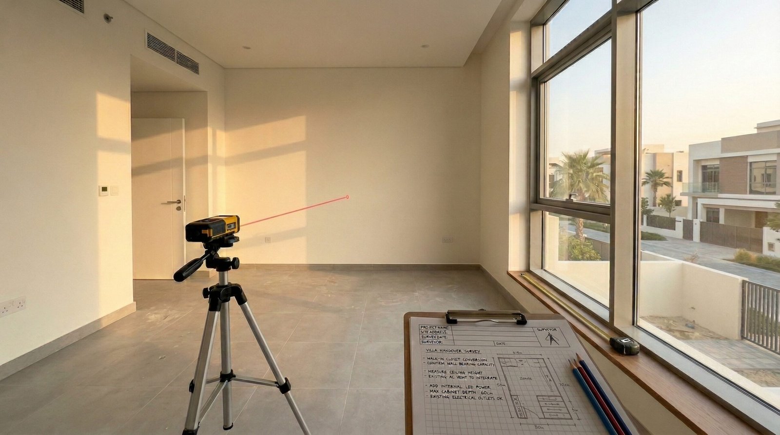 Initial survey stage of Karnak Carpentry walk-in closet project with laser measuring and floor plan sketch at Dubai villa handover property