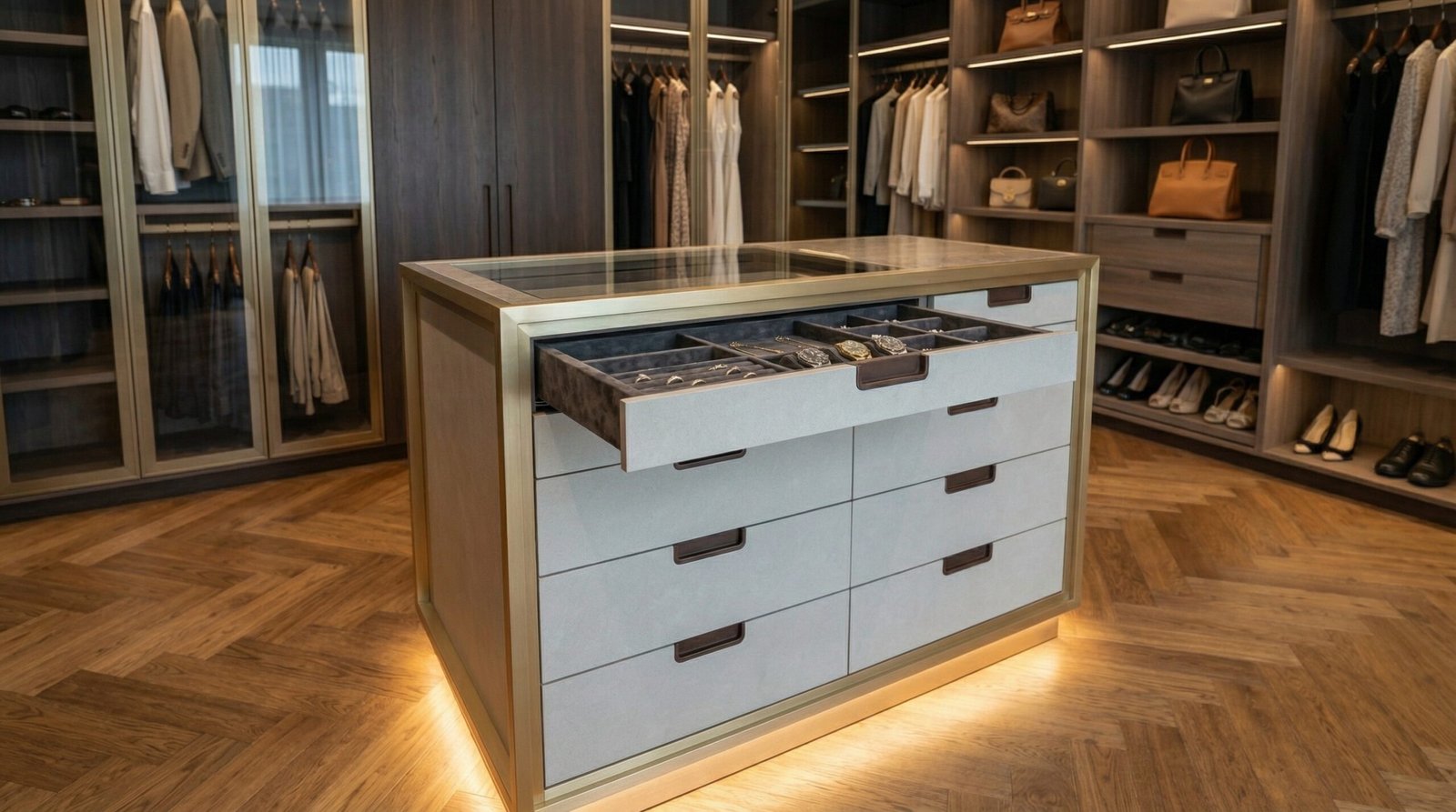 Central island unit with champagne gold frame, soft-close drawers and velvet-lined jewellery tray in walk-in closet installed at Palm Jumeirah by Karnak Carpentry Dubai