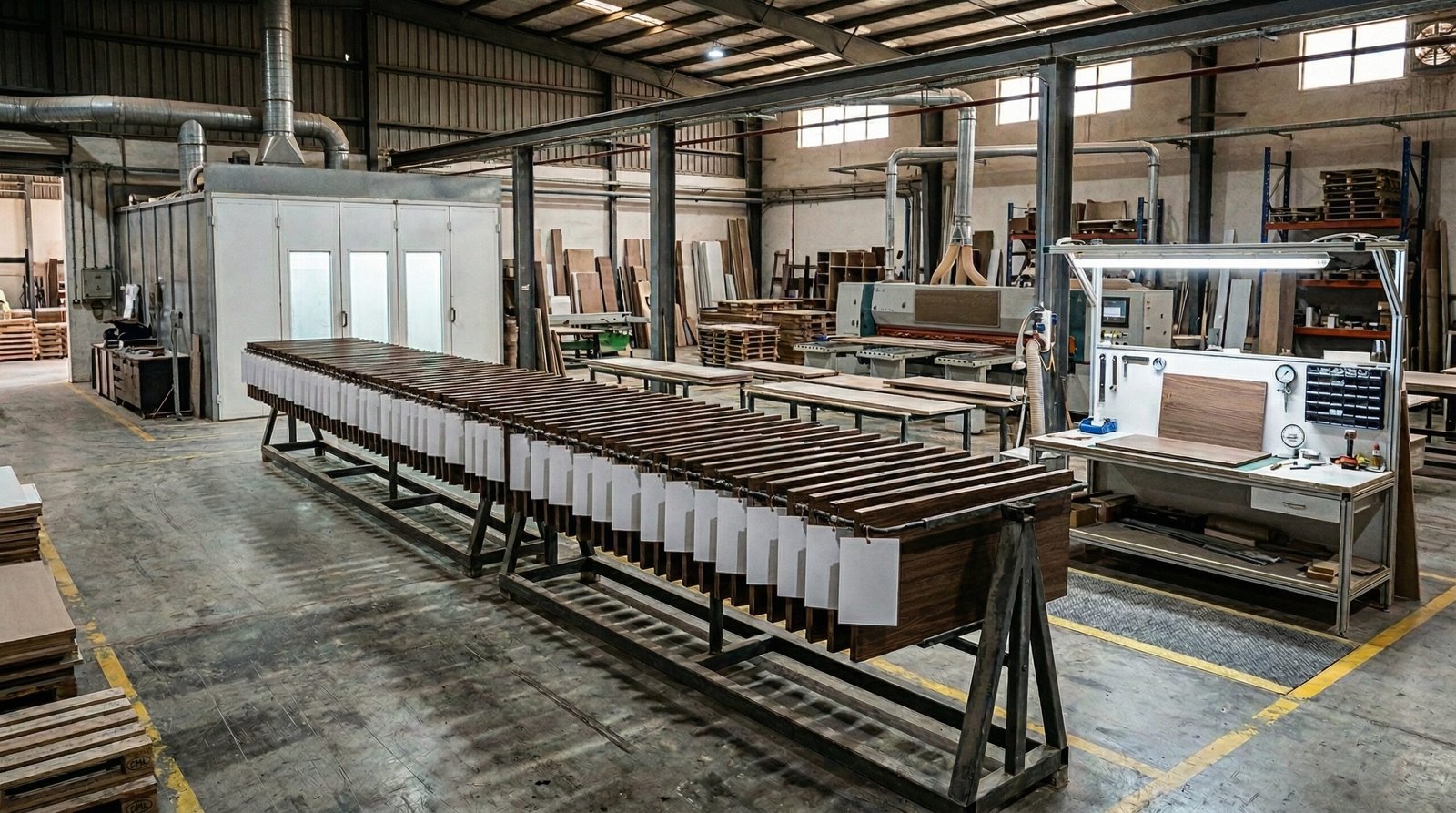 Completed wardrobe door panels curing on rack system tagged by UAE project community at Karnak Carpentry's three-decade Al Quoz production facility Dubai