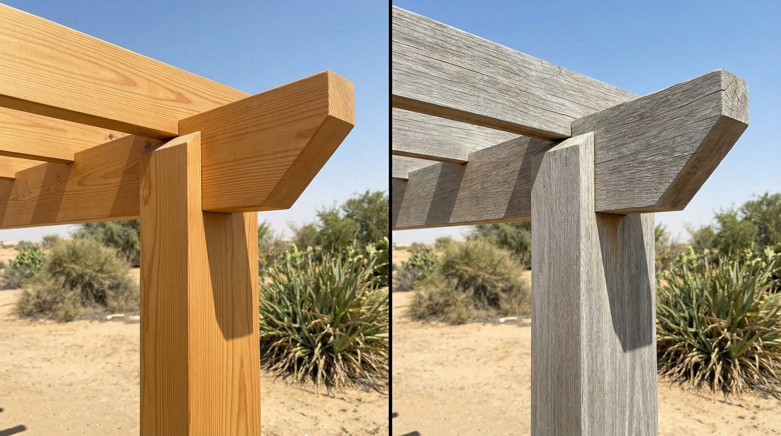 Before and after comparison of UAE climate-treated timber pergola showing proper weathering patina versus untreated wood