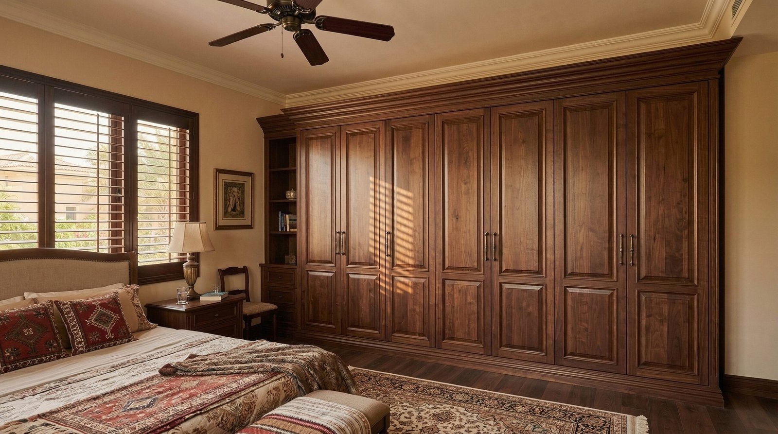 Traditional built-in wardrobe in solid American walnut raised-panel doors with antique bronze handles installed in Arabian Ranches villa by Karnak Carpentry UAE