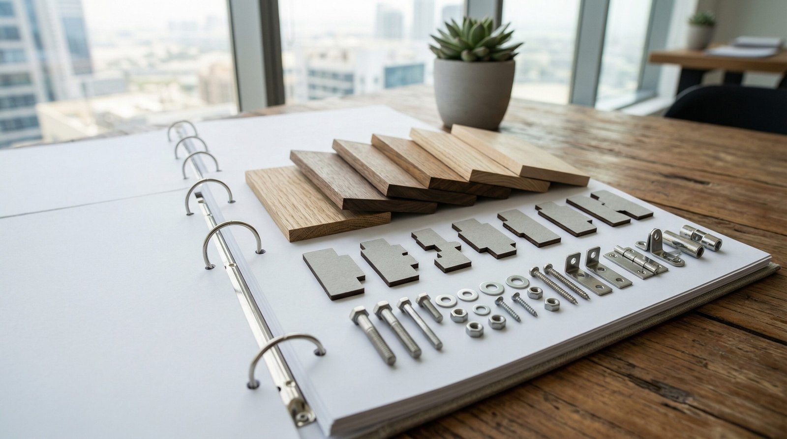 Open material specification binder with timber veneer samples, profiles, and hardware for UAE pergola project pricing