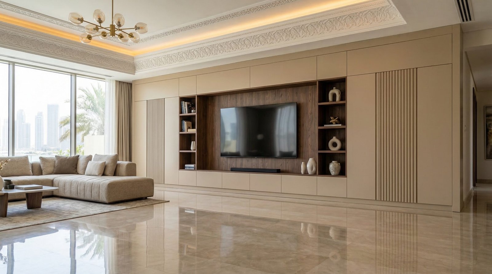 Custom fitted media wall spanning full living room wall in Dubai villa, warm sandstone and walnut veneer finish, bespoke UAE carpentry