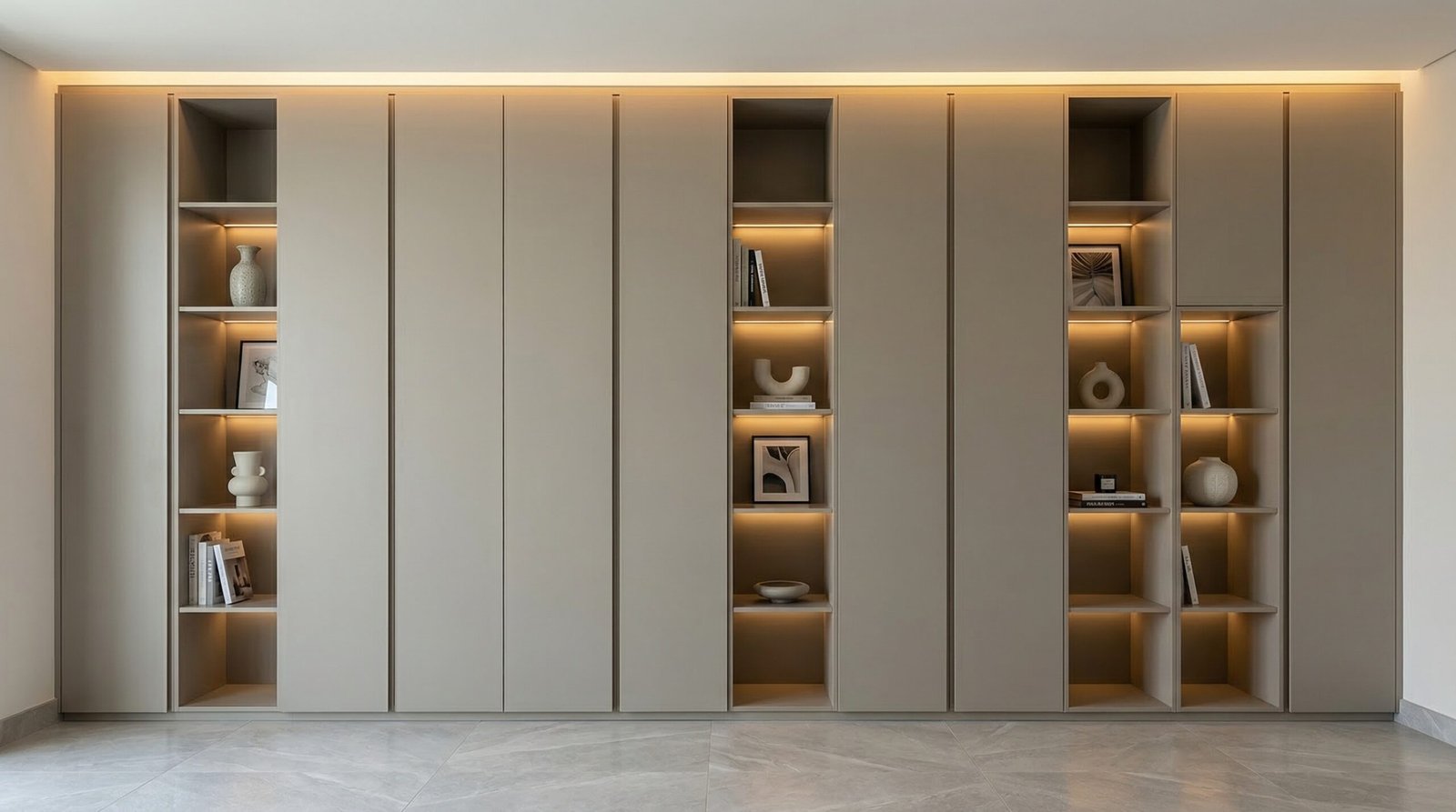 Bespoke built-in wardrobe wall with open niches and push-to-open cabinets in greige lacquer installed in Abu Dhabi apartment by Karnak Carpentry