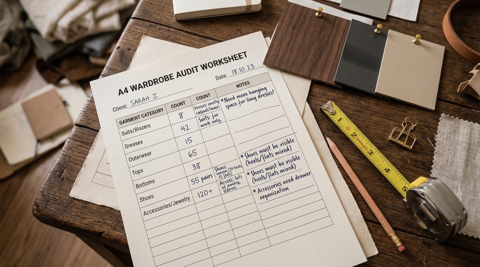 Wardrobe audit worksheet with garment category counts and material swatches during walk-in closet pre-design consultation at Karnak Carpentry Dubai studio