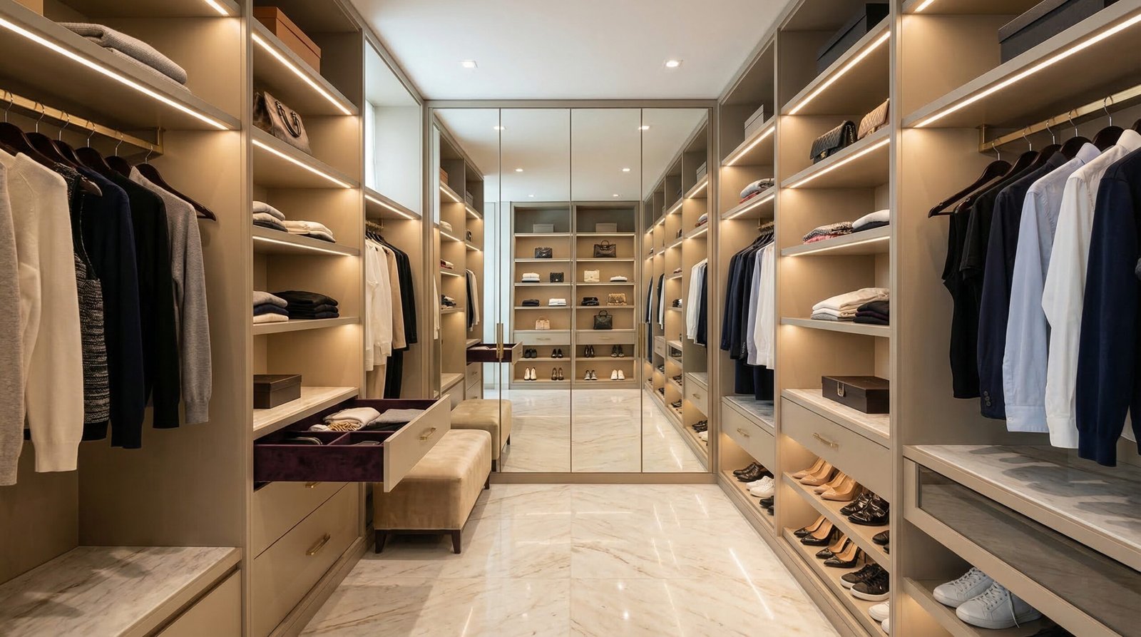 Walk-in dressing room with full-height mirror, champagne lacquer shelving and velvet-lined drawers installed in Palm Jumeirah penthouse by Karnak Carpentry
