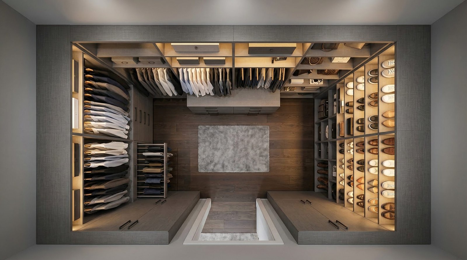 Compact three-wall walk-in wardrobe with pull-out trouser racks and integrated LED lighting installed in Dubai Hills villa by Karnak Carpentry UAE
