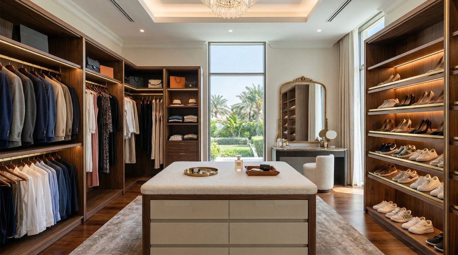 Walk-in wardrobe with U-shaped layout, central island drawers and LED shoe shelving installed in Emirates Hills villa dressing room by Karnak Carpentry UAE