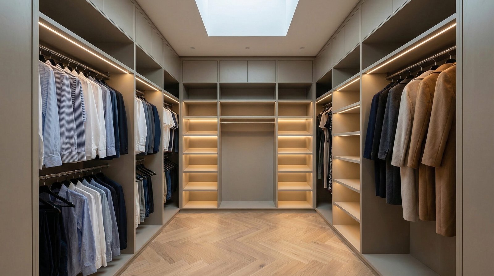 U-shaped walk-in closet layout with double-hang rails, open shelving and LED underlighting installed in Dubai Hills villa by Karnak Carpentry UAE