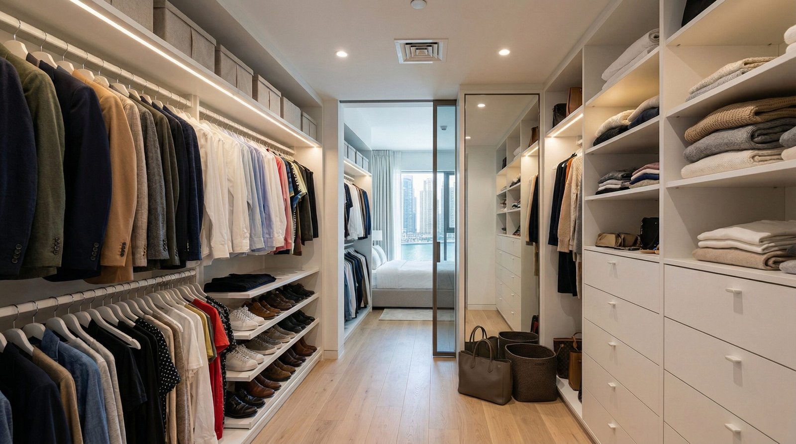 Compact L-shaped walk-in closet in matte white lacquer maximising 2.4x2.1m Dubai Marina apartment space with sliding mirrored entry door by Karnak Carpentry UAE