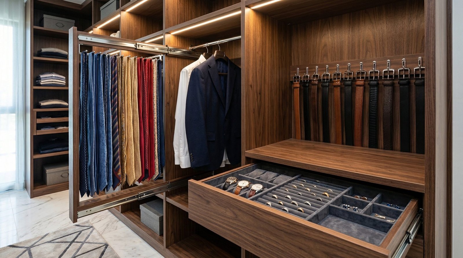 Walk-in closet interior fittings with pull-out tie rack, valet rod, belt bar and velvet-lined watch tray installed in Arabian Ranches villa by Karnak Carpentry UAE