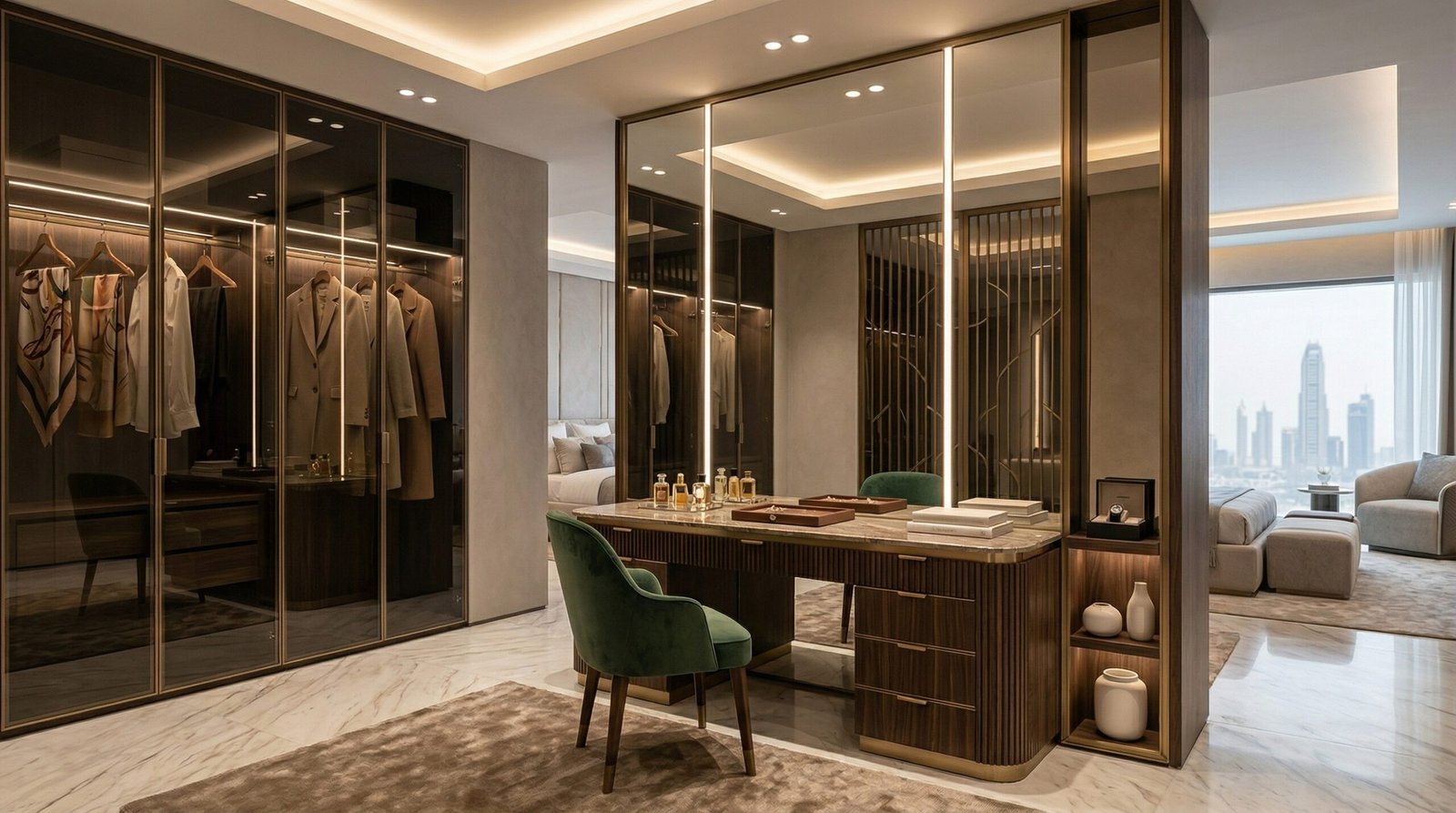 Karnak Carpentry Dubai showroom testimonial wall with completed dressing table project photos from Palm Jumeirah, Emirates Hills, Abu Dhabi and Downtown UAE