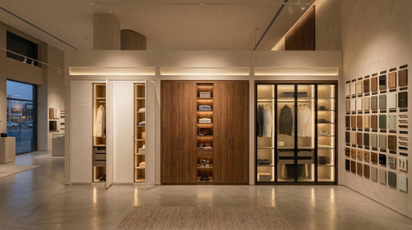 Karnak Carpentry Dubai showroom displaying three full-scale wardrobe styles in white gloss, walnut veneer and fluted glass for UAE homeowners