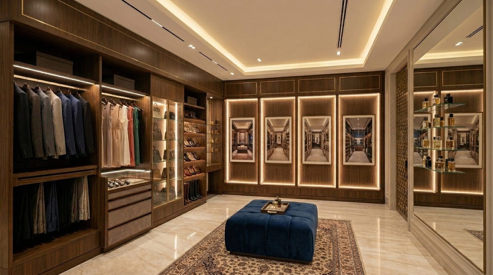 Karnak Carpentry 35-year UAE walk-in closet project timeline display from 1989 to 2024 spanning Jumeirah, Emirates Hills, Palm and Downtown Dubai installations