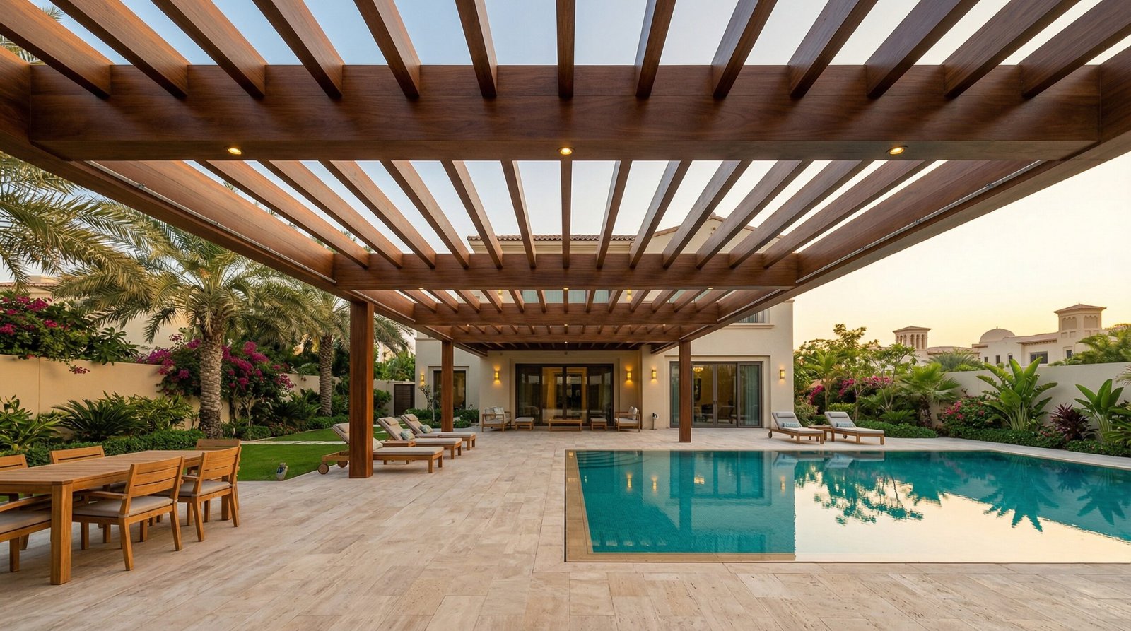 Premium quality completed timber pergola with concealed hardware and integrated lighting over UAE villa pool terrace