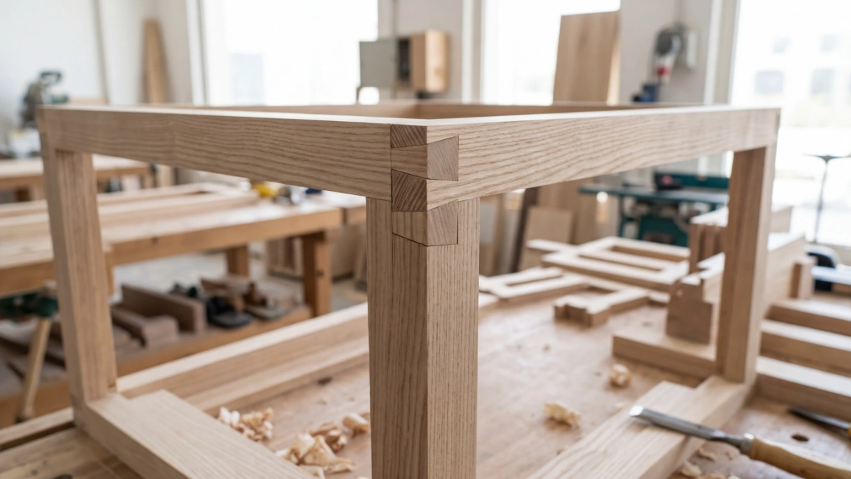 Close-up of precise dovetail joinery fabrication in a Dubai workshop for a retail display unit.