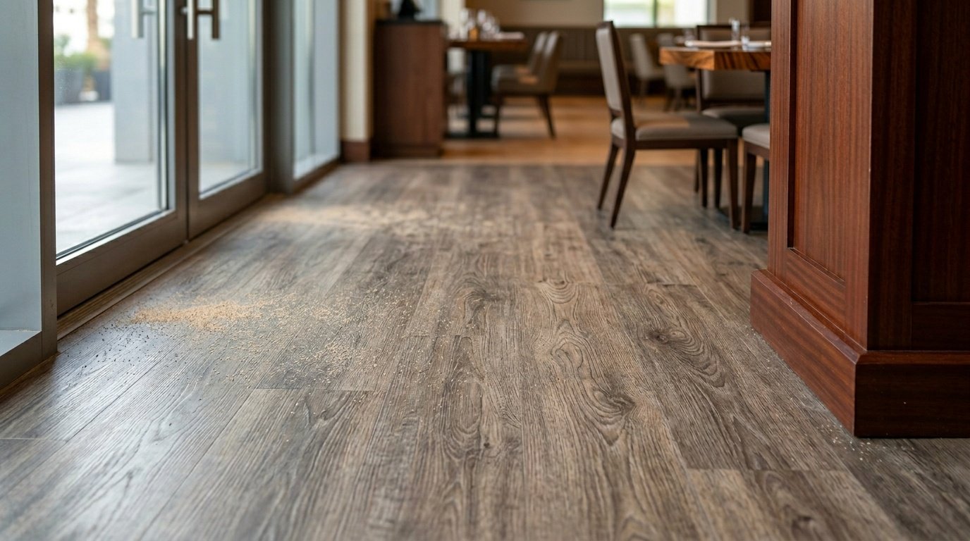 Weathered oak vinyl flooring with desert sand showing high abrasion resistance in a Business Bay restaurant.